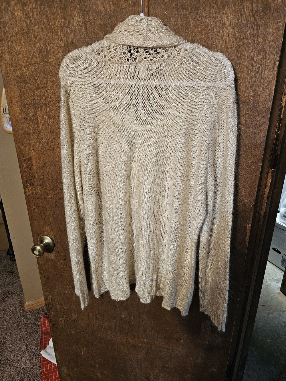 CJ Banks Beige Open-Knit Cowl Neck Selquined Sweater - Picture 2 of 3